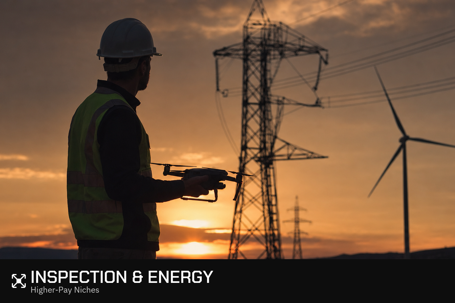 Drone inspection near transmission tower and wind turbine—utility UAS careers